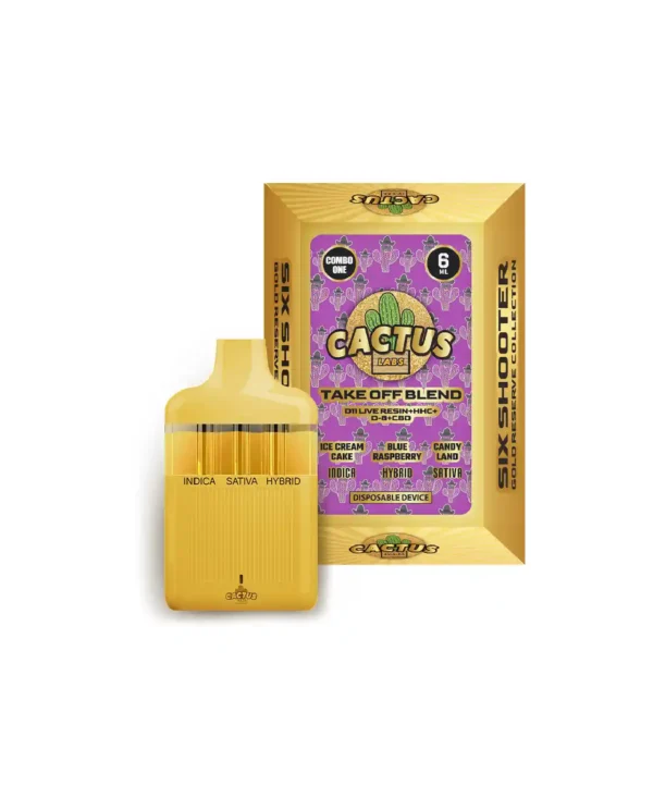 SIX SHOOTER TAKE OFF BLEND GOLD RESERVE ICE CREAM CAKE + BLUE RASPBERRY + CANDY LAND (INDICA + HYBRID + SATIVA) 6ML DISPOSABLE
