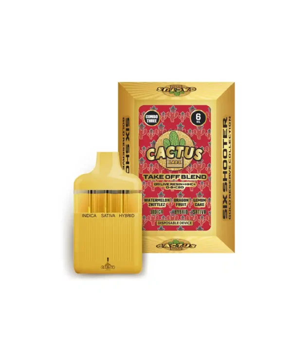 SIX SHOOTER TAKE OFF BLEND GOLD RESERVE WATERMELLON ZKITTLEZ + DRAGON FRUIT + LEMON CAKE (INDICA + HYBRID + SATIVA) 6ML DISPOSABLE